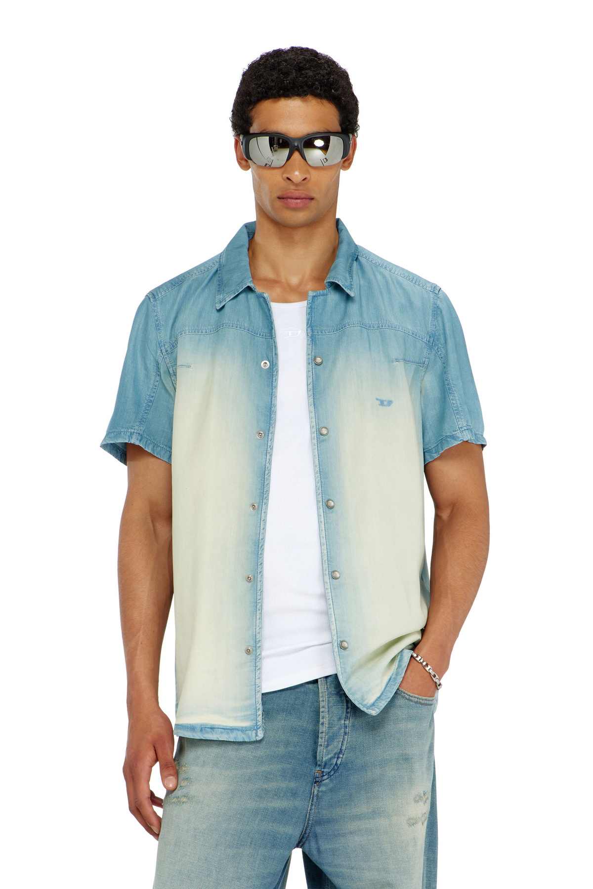 Diesel Short-sleeve shirt in fluid overdyed denim - Denim Shirts Mens in Blue