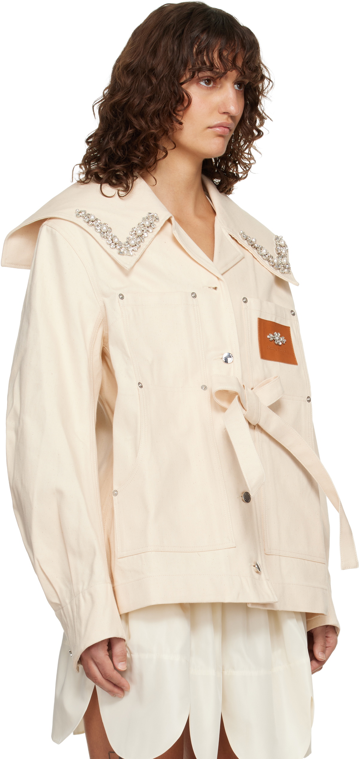 Simone Rocha Off-White Sailor Collar Workwear Bow Denim Jacket