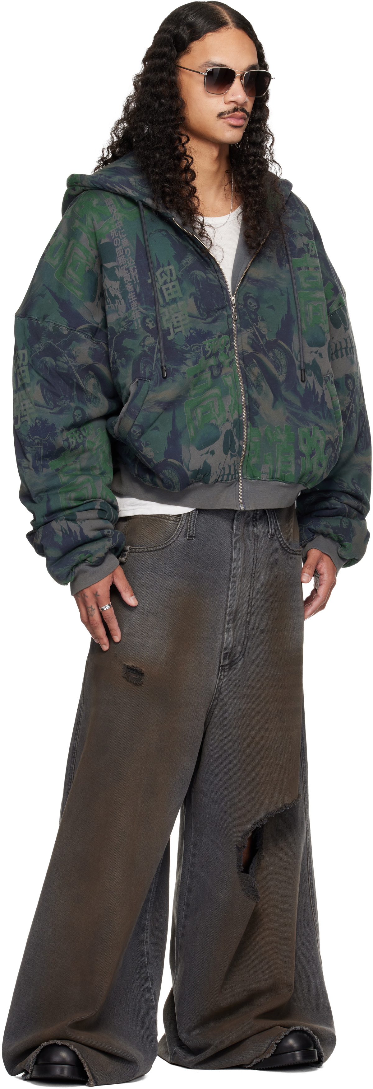 LU'U DAN Navy & Green Wadded Hoodie