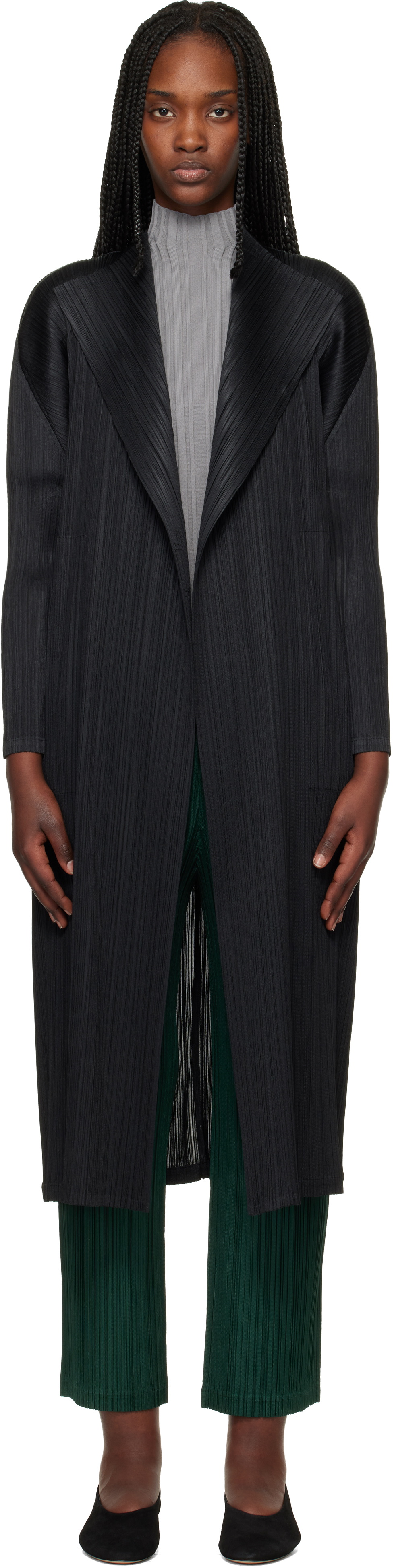Pleats Please Issey Miyake Black Pleated Hooded Coat Pleats Please