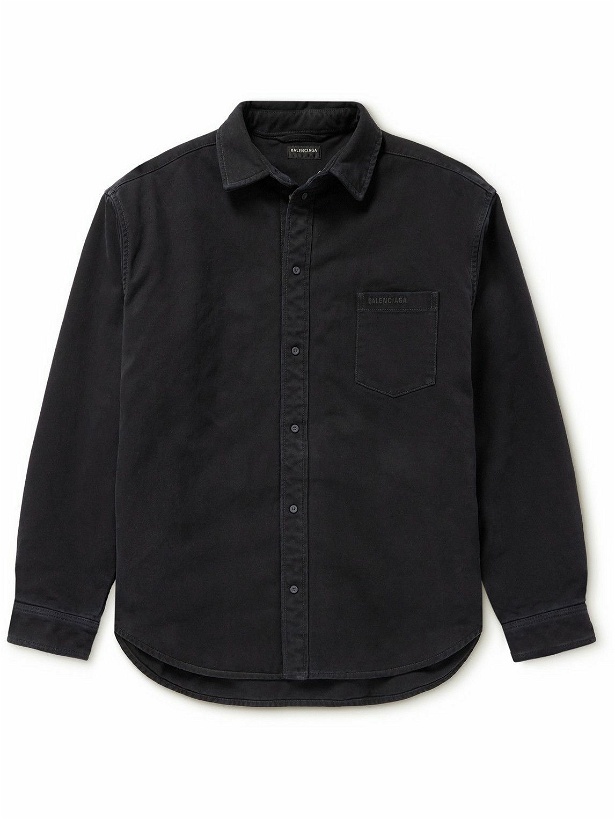 Photo: Balenciaga - Oversized Logo-Embroidered Padded Denim Shirt - Black