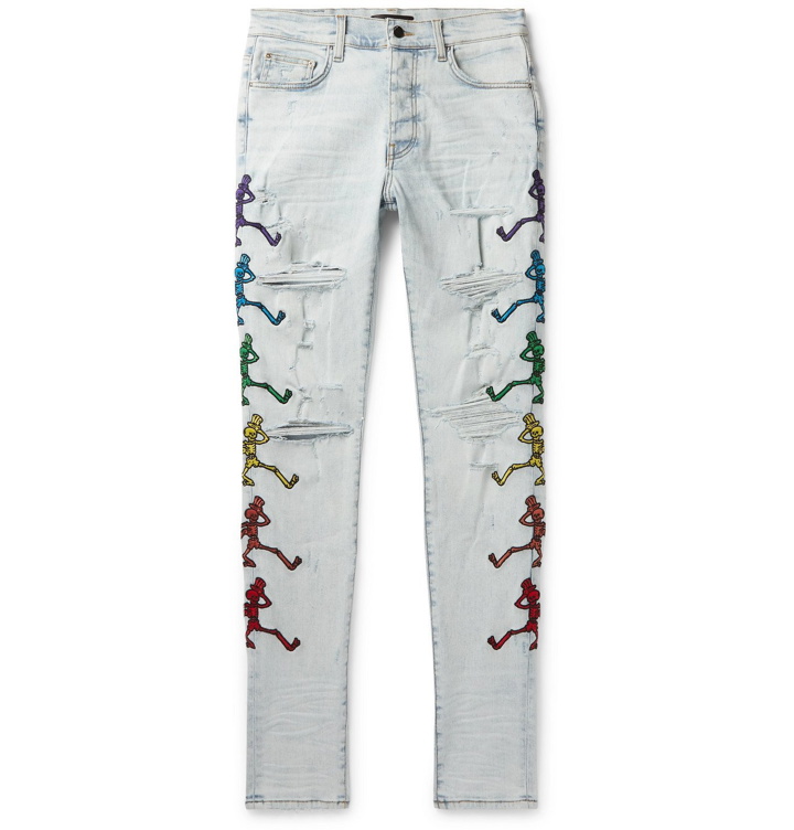 Photo: AMIRI - Grateful Dead Skinny-Fit Embroidered Distressed Stretch-Denim Jeans - Blue