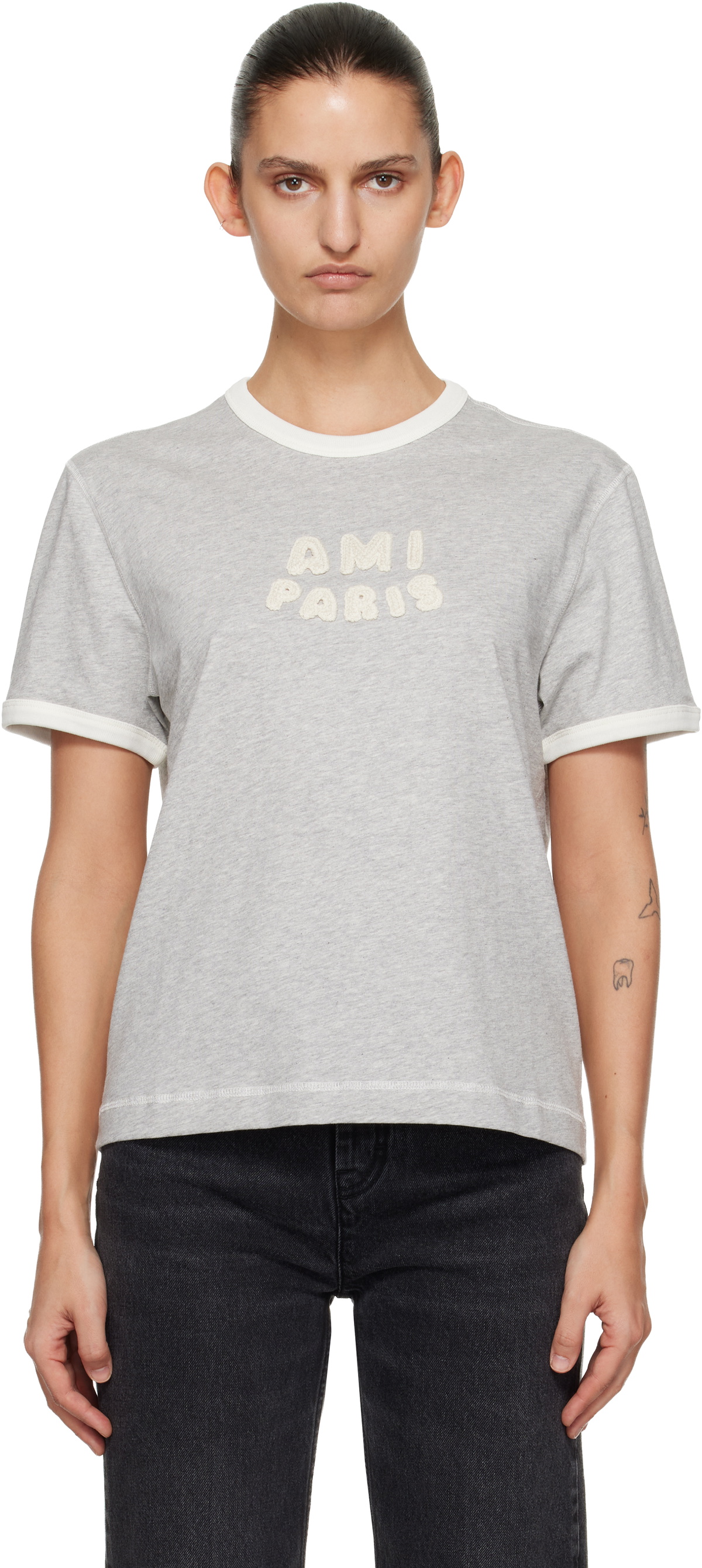 AMI Paris Gray Cotton 'Ami Paris' Knitted Patch T-shirt