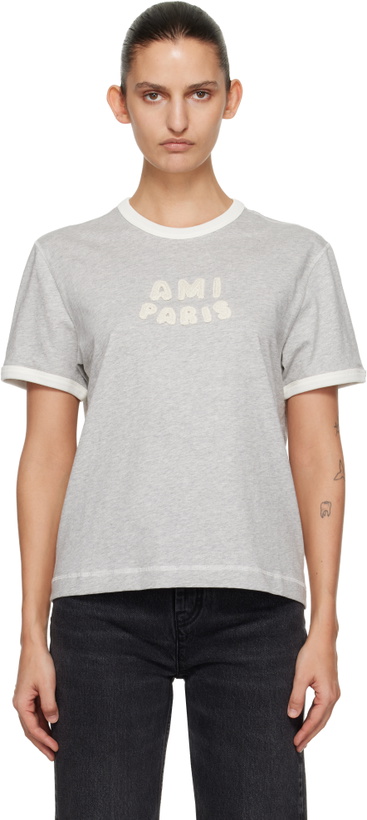 Photo: AMI Paris Gray Cotton 'Ami Paris' Knitted Patch T-shirt