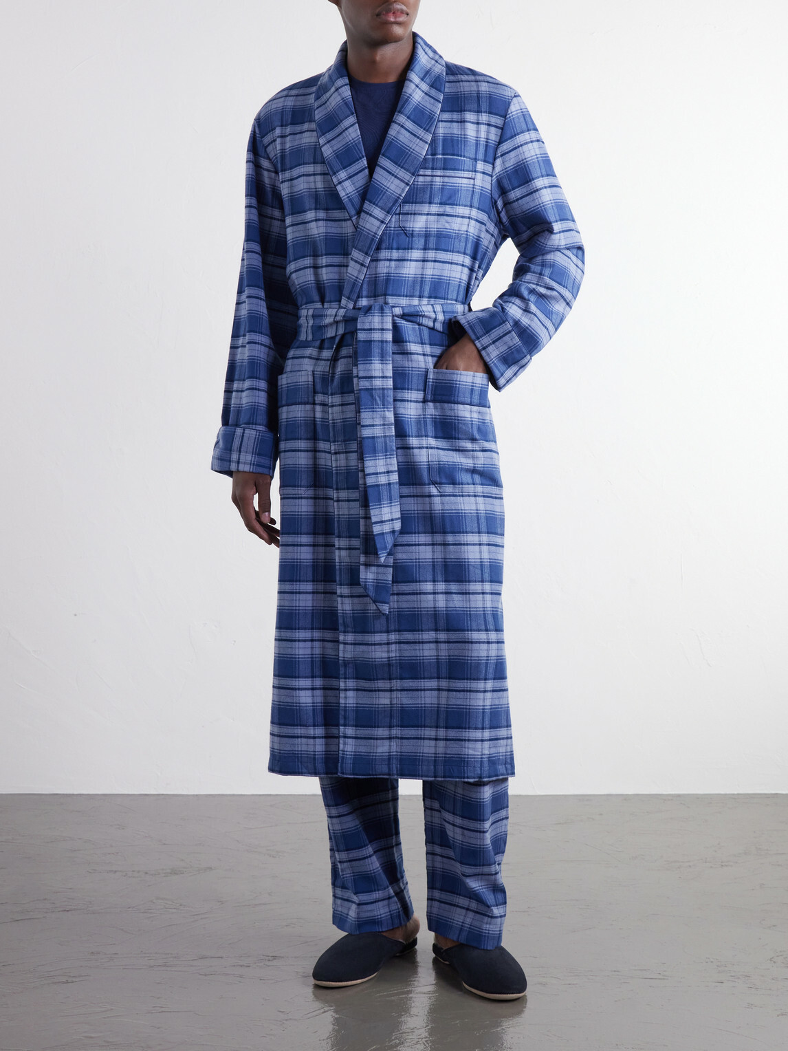 Derek Rose - Kelburn Belted Checked Brushed Cotton-Flannel Robe - Blue