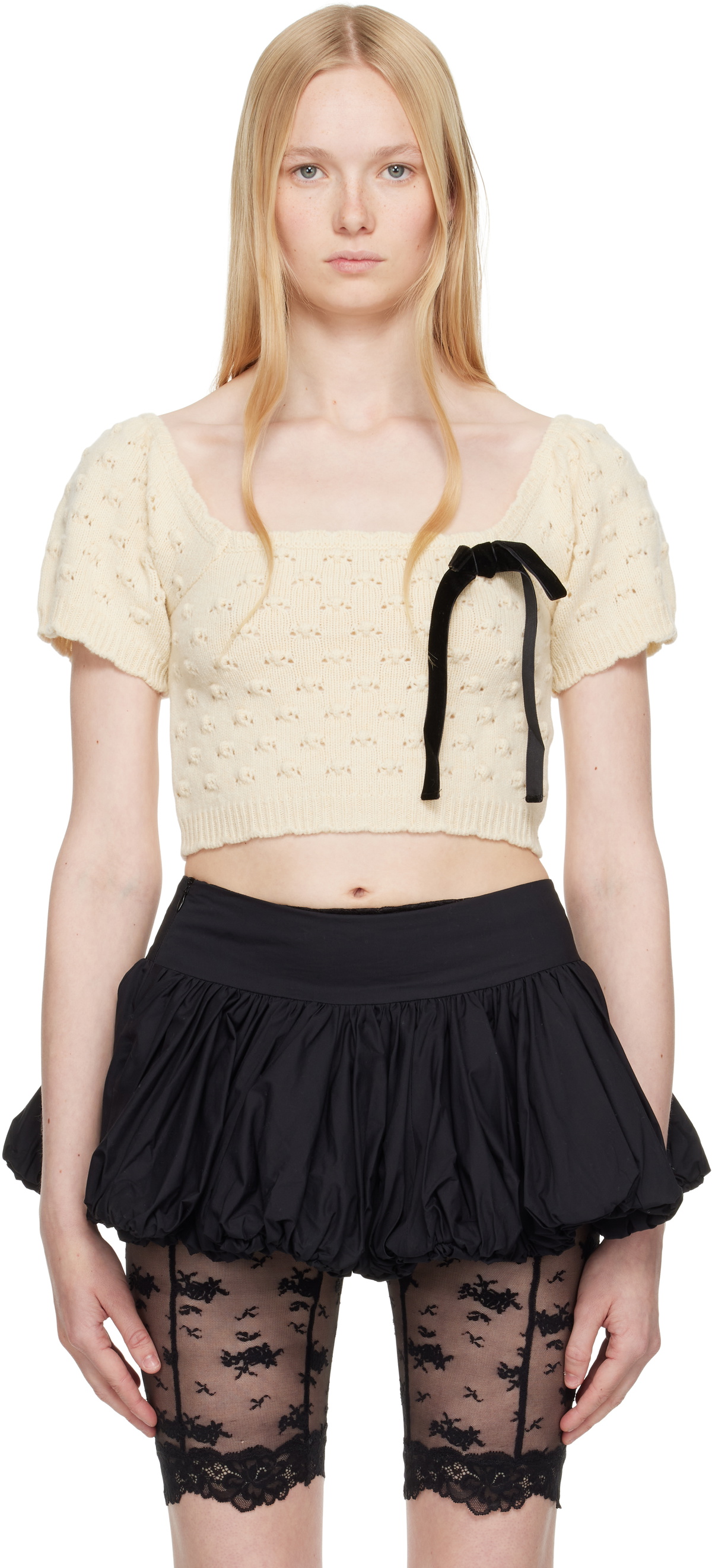Yuhan Wang SSENSE Exclusive Beige Bow Tied Wool Top