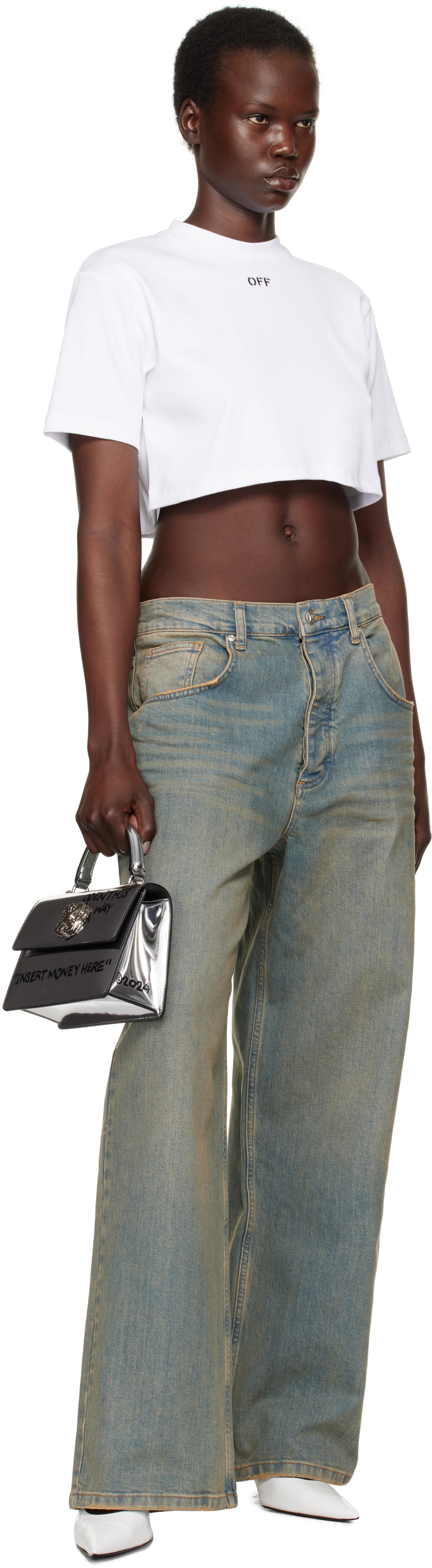 Off-White Silver Jitney 1.4 Top Handle Quote Bag Off-White