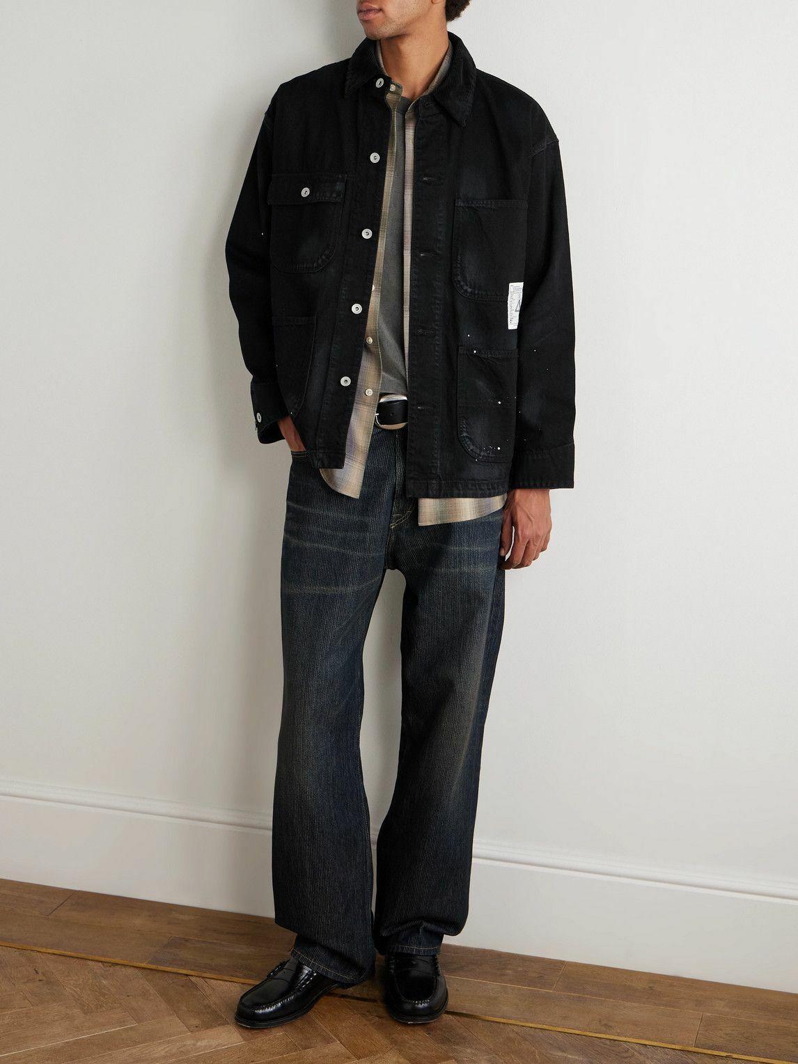 Neighborhood - Corduroy-Trimmed Paint-Splattered Denim Jacket - Black