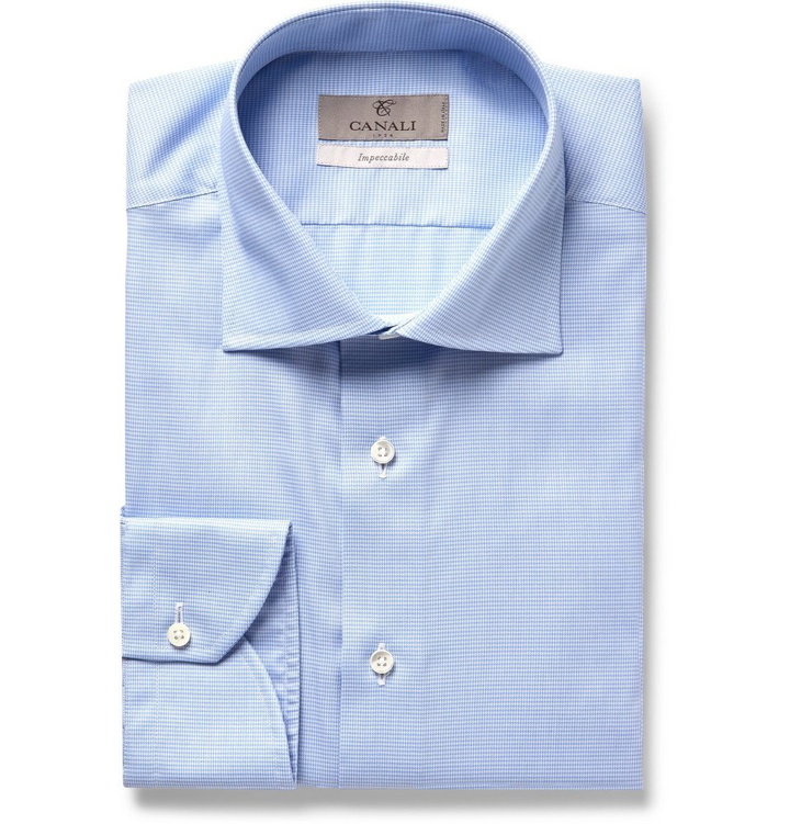 Photo: Canali - Light-Blue Slim-Fit Checked Cotton-Poplin Shirt - Blue