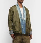 Greg Lauren - Distressed Denim and Jersey-Panellled Quilted Ripstop Jacket - Green