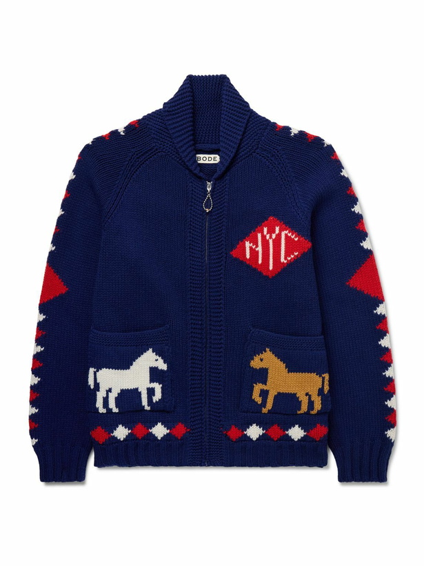 Photo: BODE - Diamond Corral Shawl-Collar Merino Wool-Jacquard Cardigan - Blue