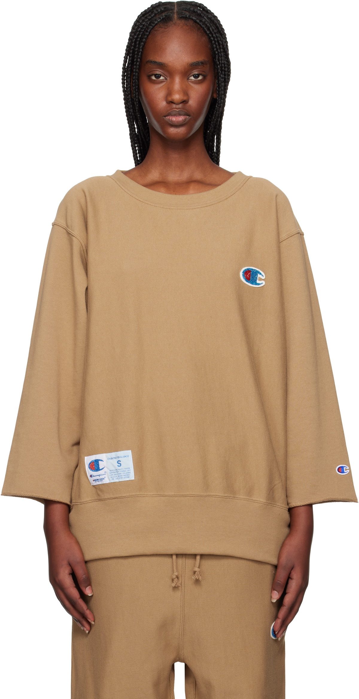 UNDERCOVER Tan Champion Edition Beaded Logo Appliqué Sweatshirt