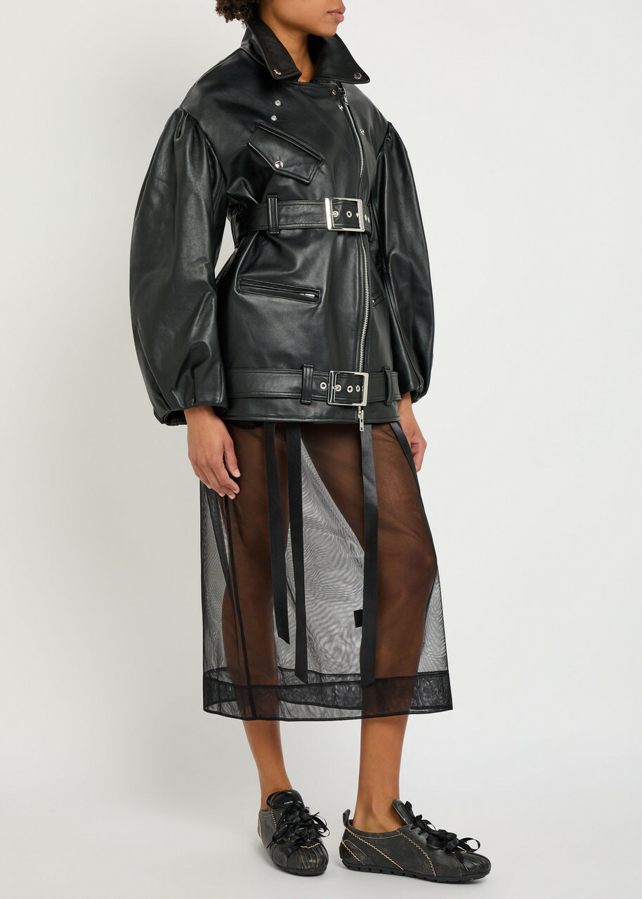 Simone Rocha Puff Sleeve Belted Leather Biker Jacket Black