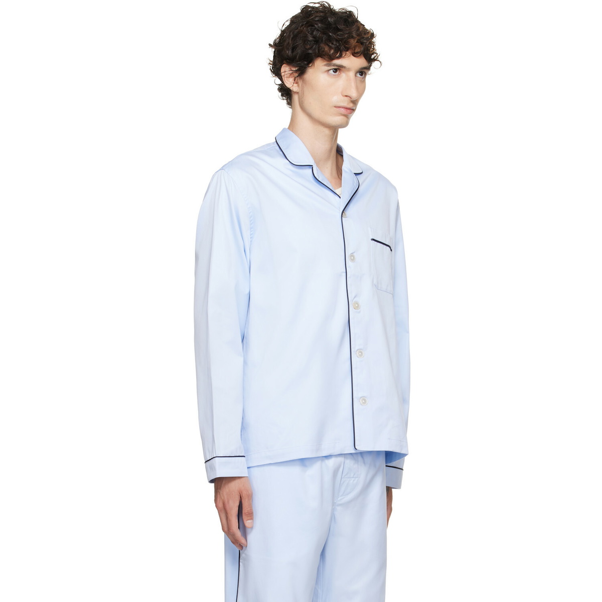 Tekla Blue Sateen Long-Sleeved Pyjama Shirt