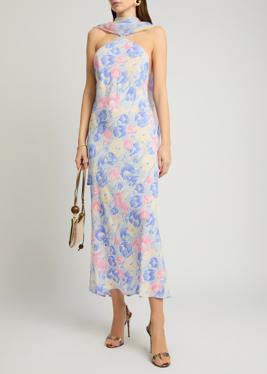 Rixo Hayley Printed Scarf-effect Midi Dress Lilac