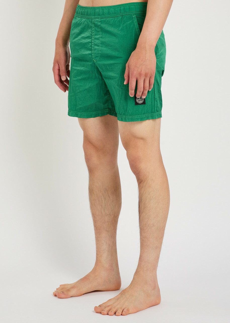 Stone Island Logo Crinkled Nylon Swim Shorts Dark Green