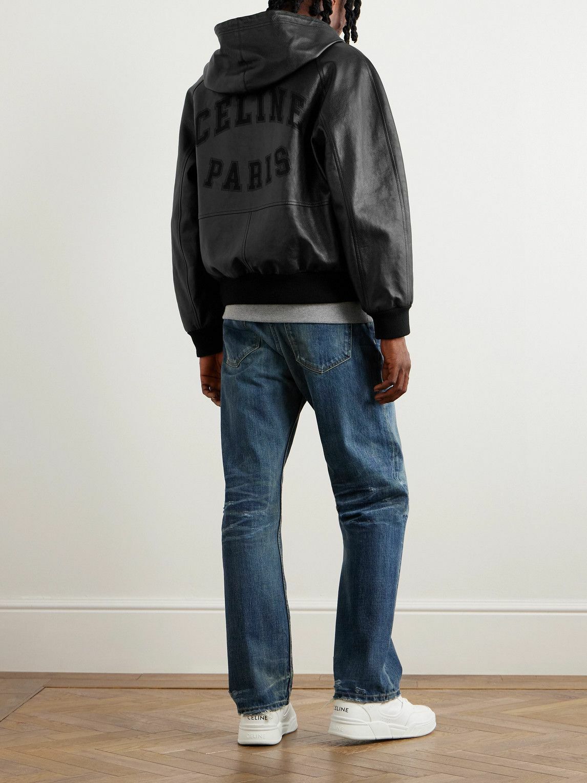 CELINE - Printed Leather Hooded Blouson Jacket - Black