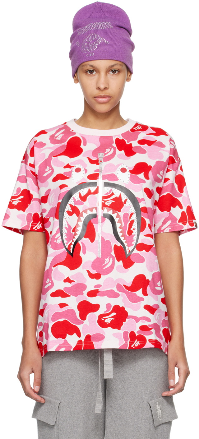 BAPE Pink ABC Camo Crystal Stone Shark T Shirt A Bathing Ape