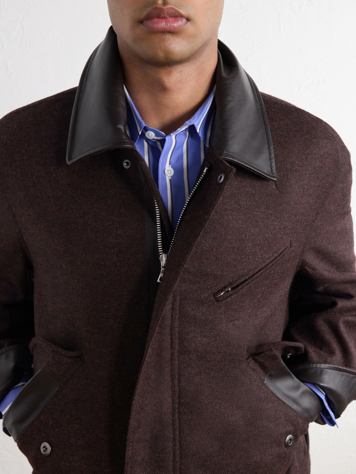 SAGE NATION - Painter Leather-Trimmed Wool-Twill Blouson Jacket - Brown