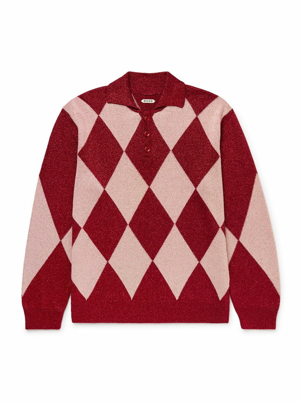 Photo: BODE - Argyle Metallic Jacquard-Knit Polo Shirt - Pink