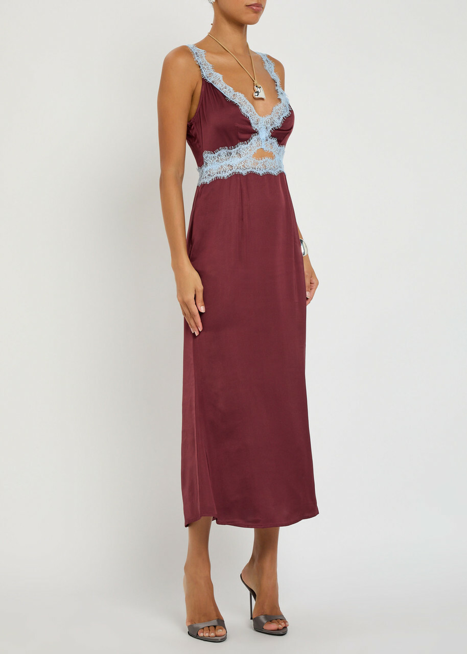 Never Fully Dressed Mimi Lace-trim Satin Midi Dress Burgundy