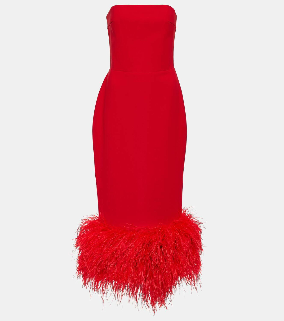 Rasario Feather-trimmed strapless crêpe midi dress