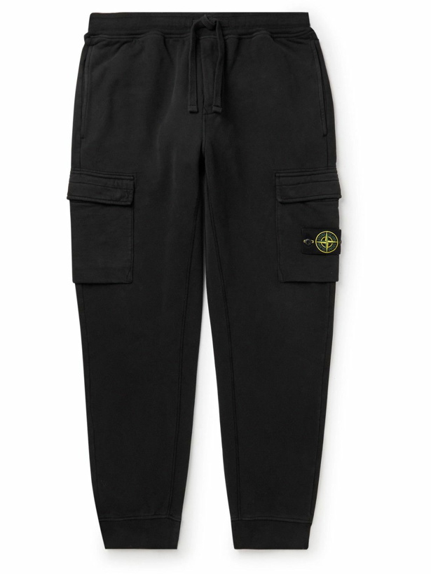 Photo: Stone Island - Slim-Fit Tapered Logo-Appliquéd Cotton-Jersey Sweatpants - Black