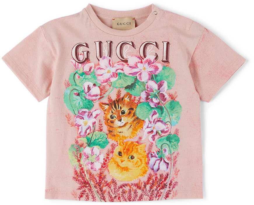 Gucci Baby Pink Cat Print T-Shirt Gucci