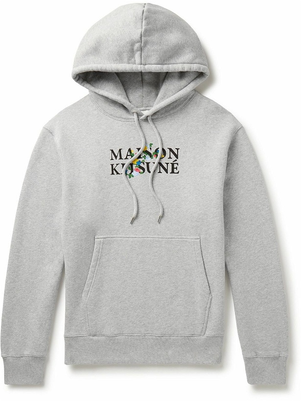 Photo: Maison Kitsuné - Embroidered Logo-Print Cotton-Jersey Hoodie - Gray
