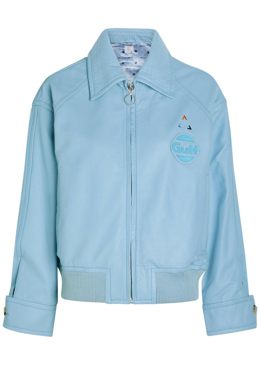 AN-Y1 Cargo Bomber Logo-embossed Leather Bomber Jacket Light Blue