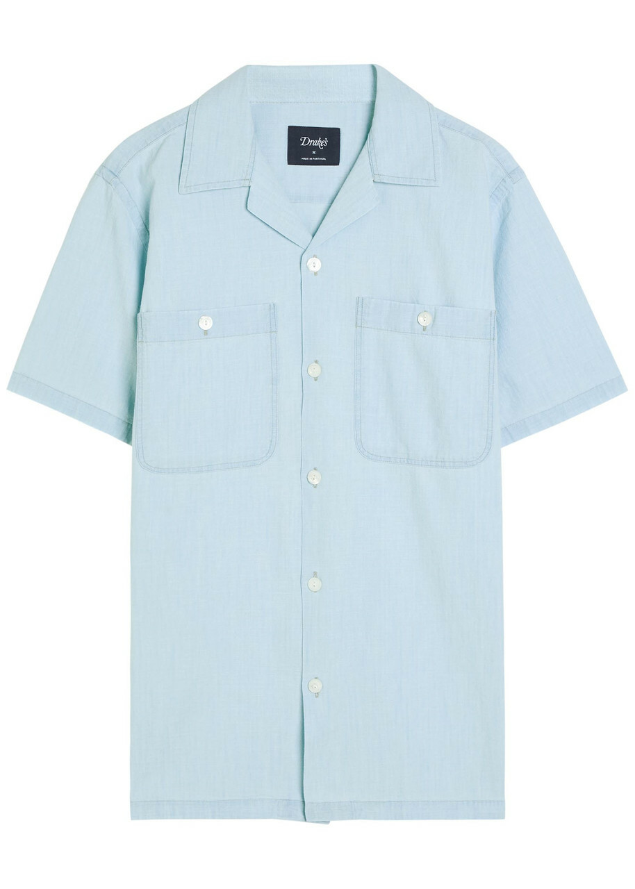 Drake's Chambray Cotton Shirt Light Blue