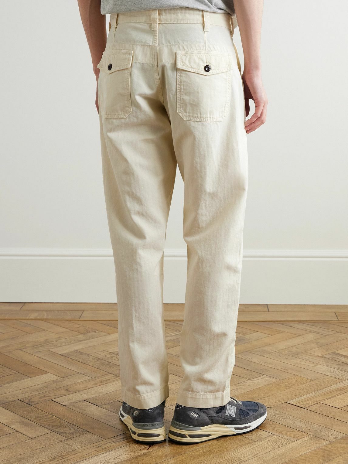 Drake's - Tapered Herringbone Cotton and Linen-Blend Twill Trousers - Neutrals