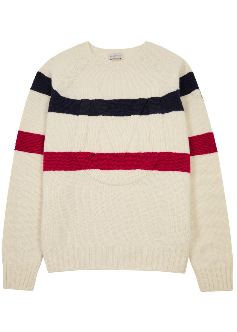 Moncler Striped Logo Wool and Cashmere-blend Jumper Cream