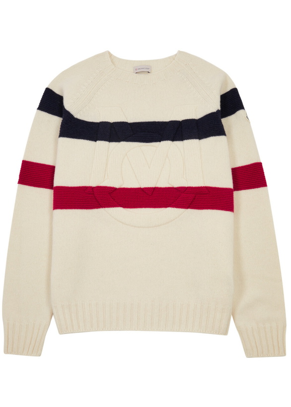 Photo: Moncler Striped Logo Wool and Cashmere-blend Jumper Cream