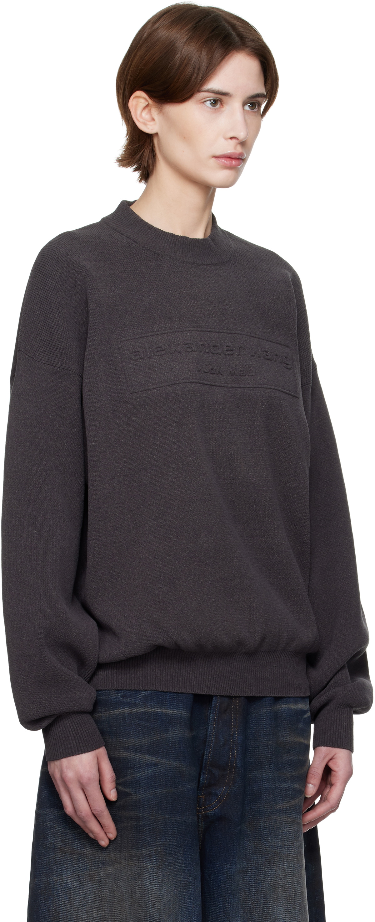Alexander Wang Gray Logo-Embossed Ribbed Sweater