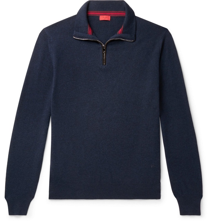 Photo: Isaia - Slim-Fit Suede Elbow-Patch Cashmere Half-Zip Sweater - Blue