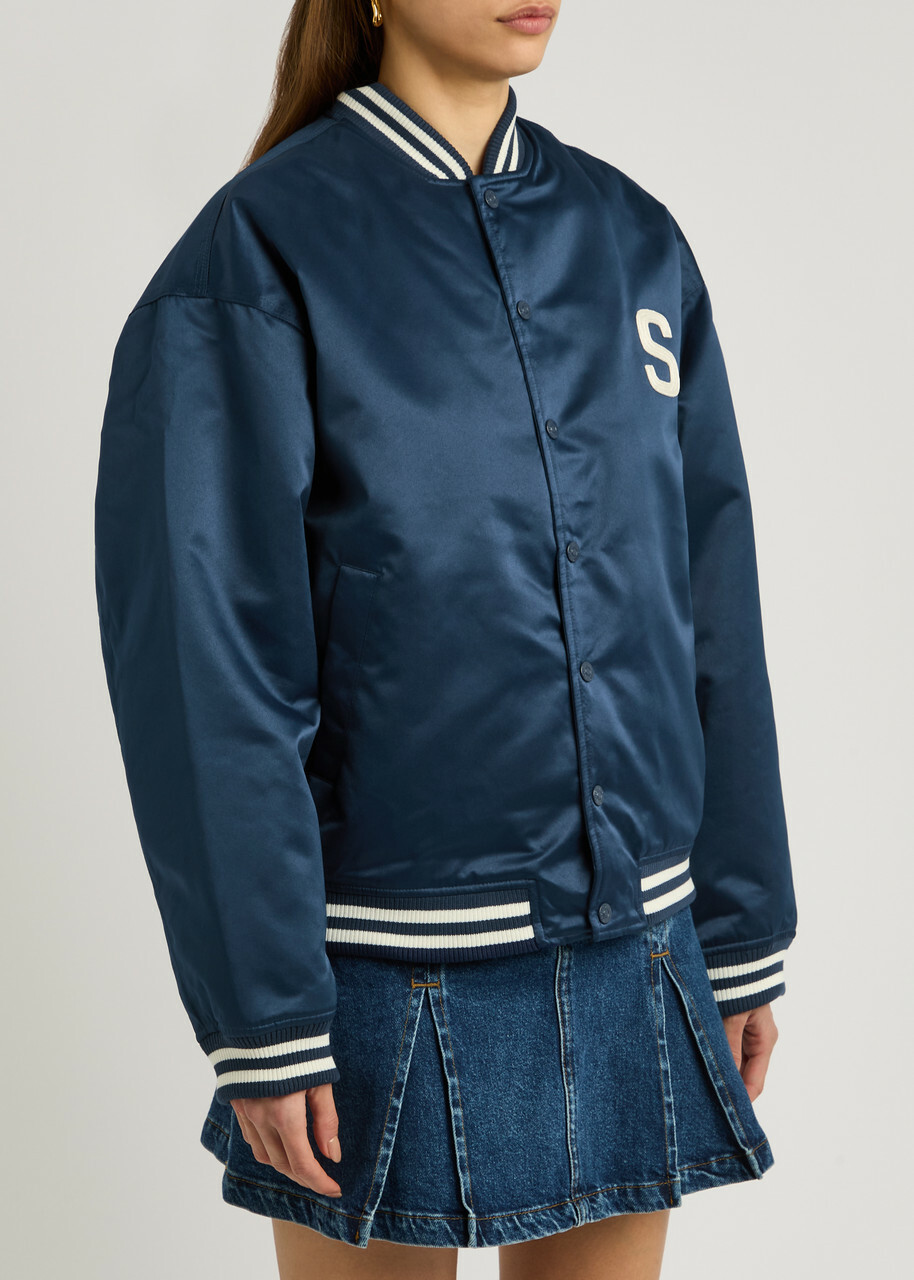 House OF Sunny Satin Club Logo-appliquéd Satin Bomber Jacket Navy