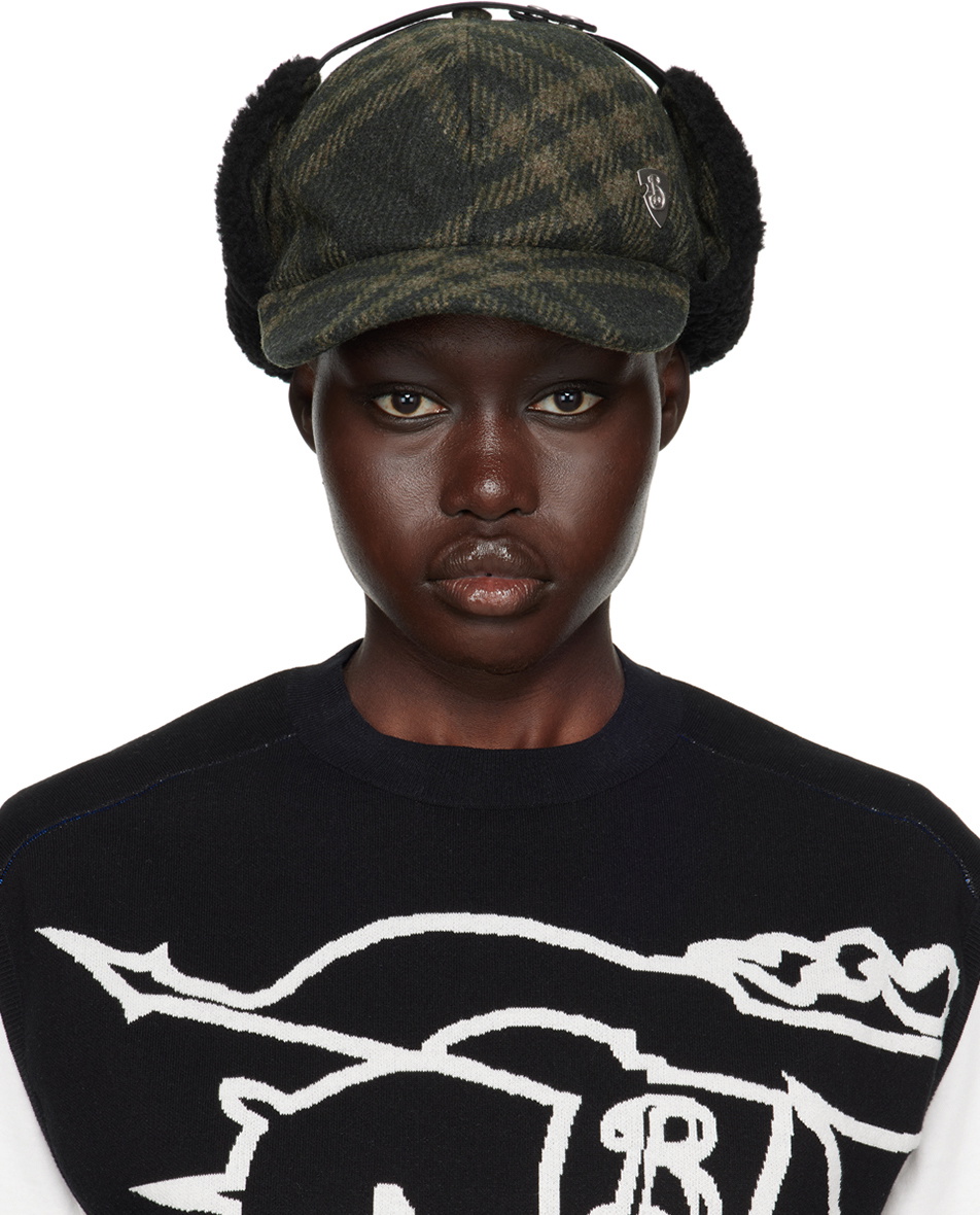 Burberry Green Shearling Trim Corduroy Trapper Cap Burberry