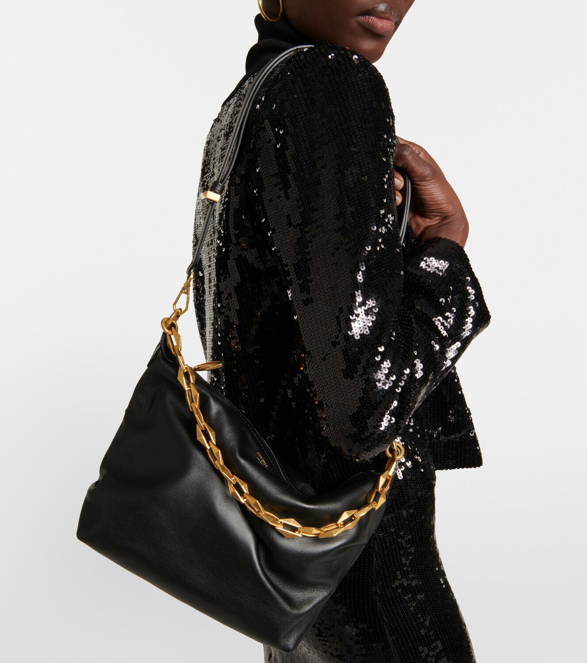 【送料&関税込】Jimmy Choo Black Leather Diamond Shoulder Ba Diamond Shoulder | Black Calf Leather Mini Bag | JIMMY CHOO