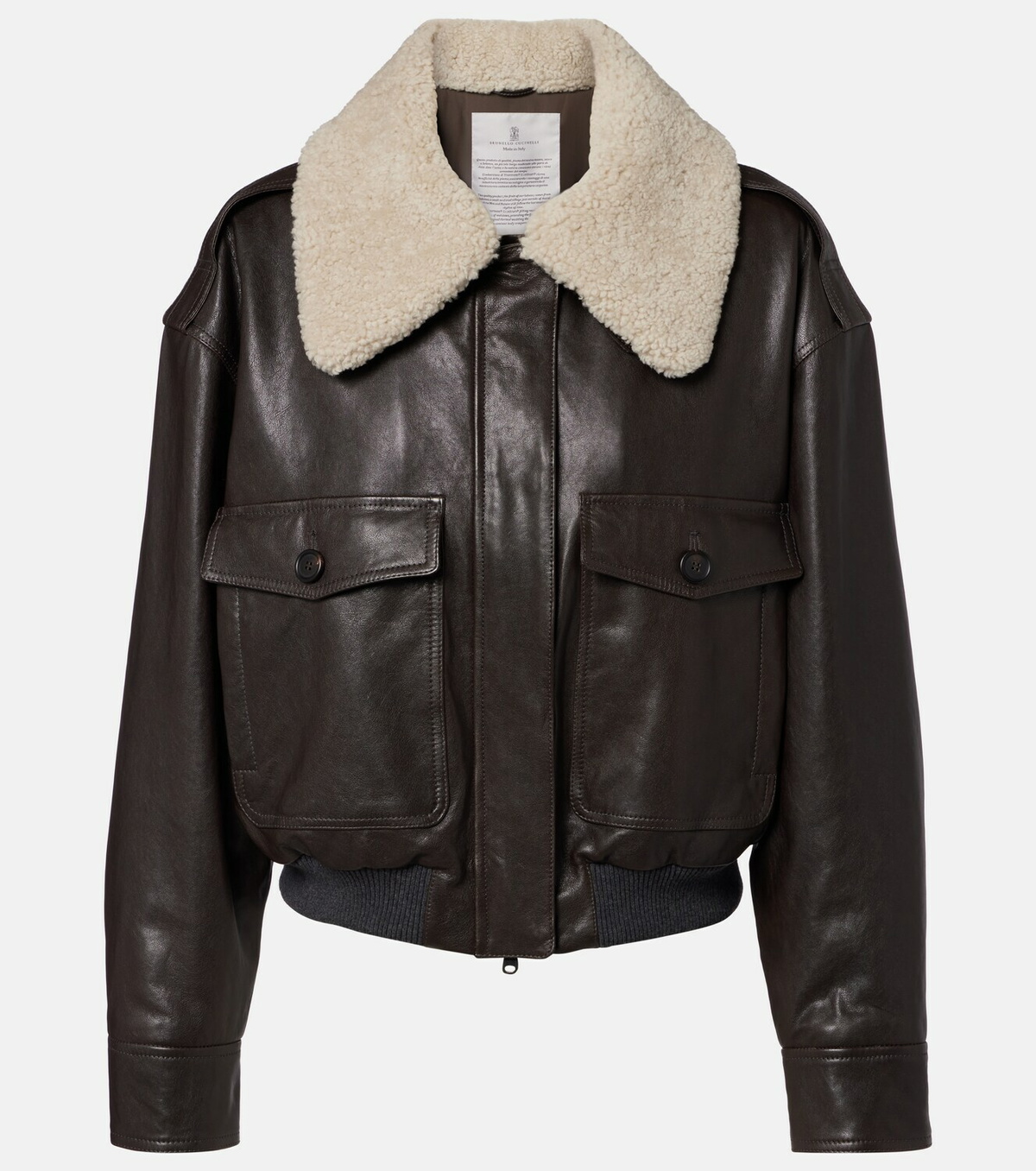 Brunello Cucinelli Shearling-trimmed leather bomber jacket