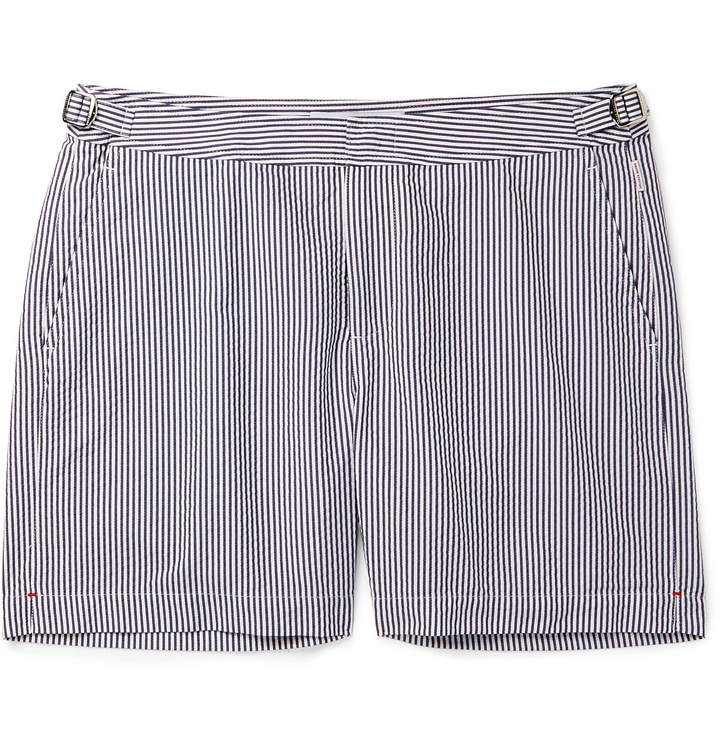 Photo: Orlebar Brown - Bulldog Mid-Length Striped Seersucker Swim Shorts - Blue