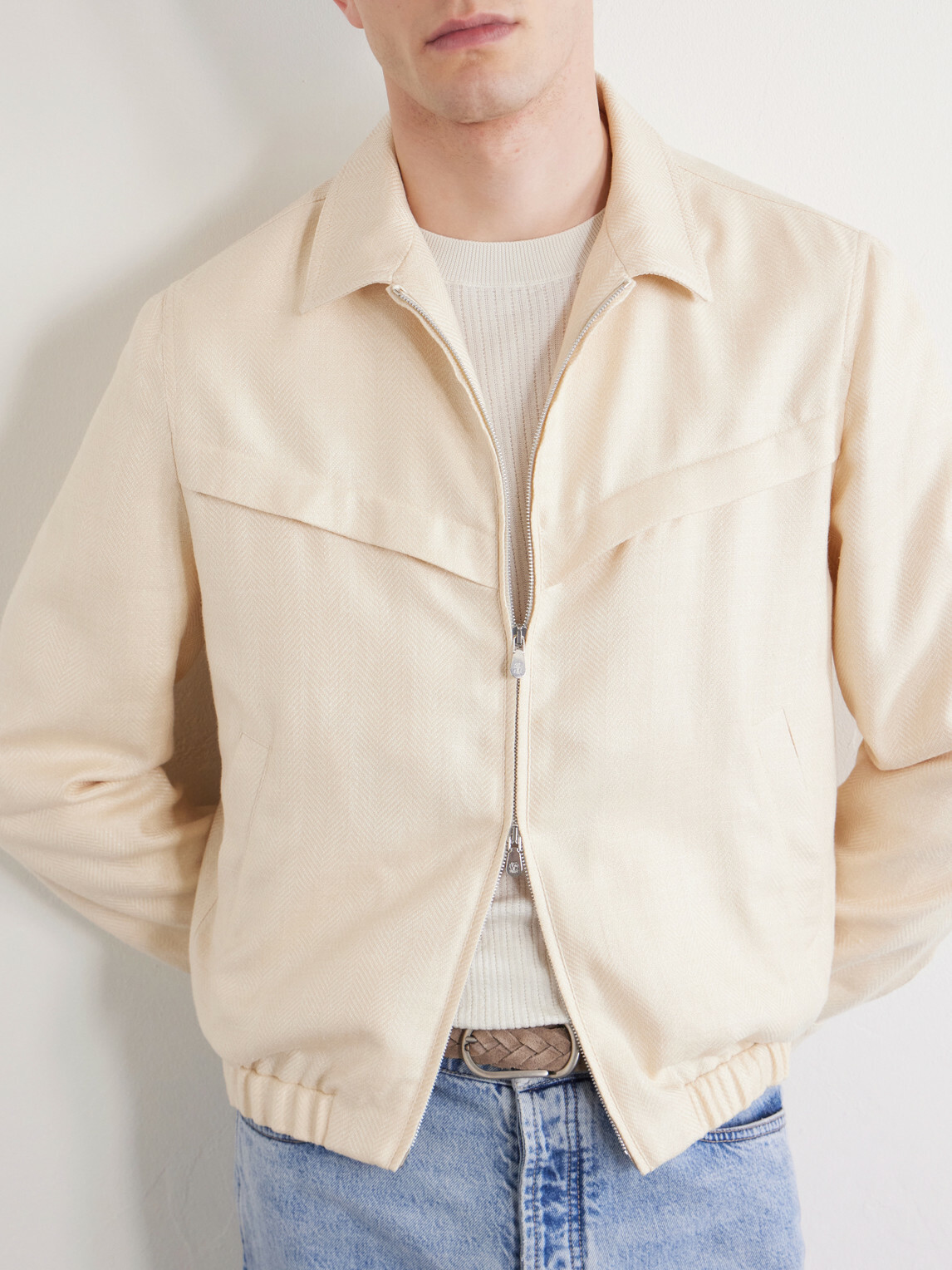 Brunello Cucinelli - Herringbone Wool, Silk and Linen-Blend Blouson Jacket - Neutrals