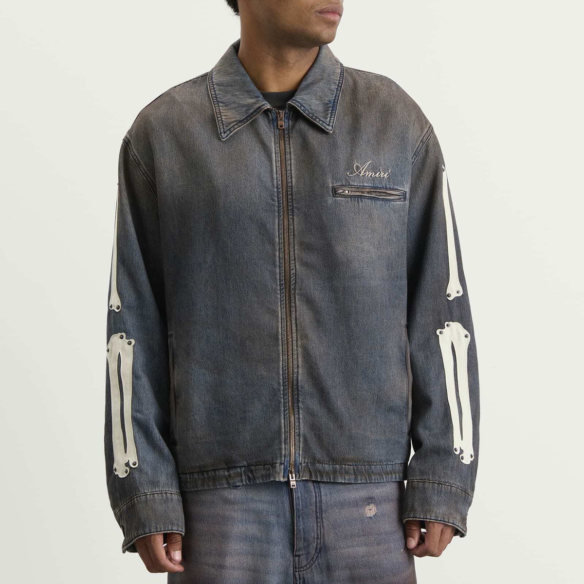 Amiri Men's Lea Bones Denim Blouson in Dark Dust