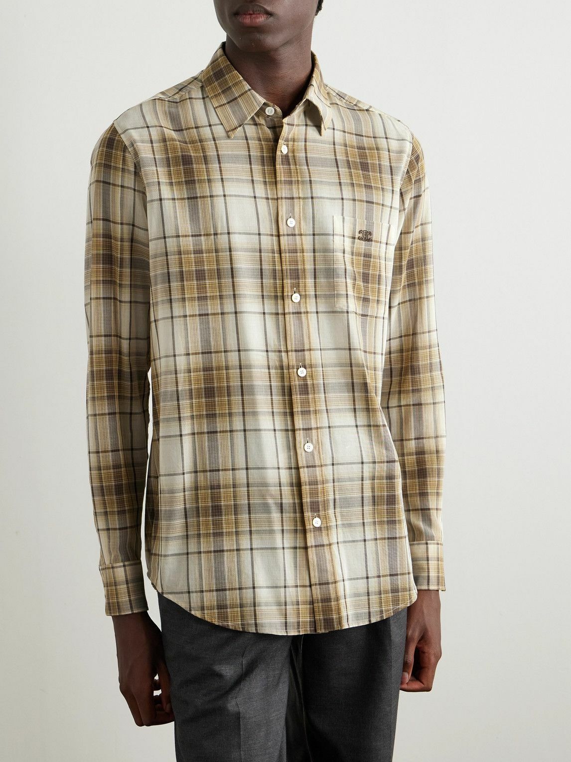 CELINE - Logo-Embroidered Checked Cotton Shirt - Neutrals