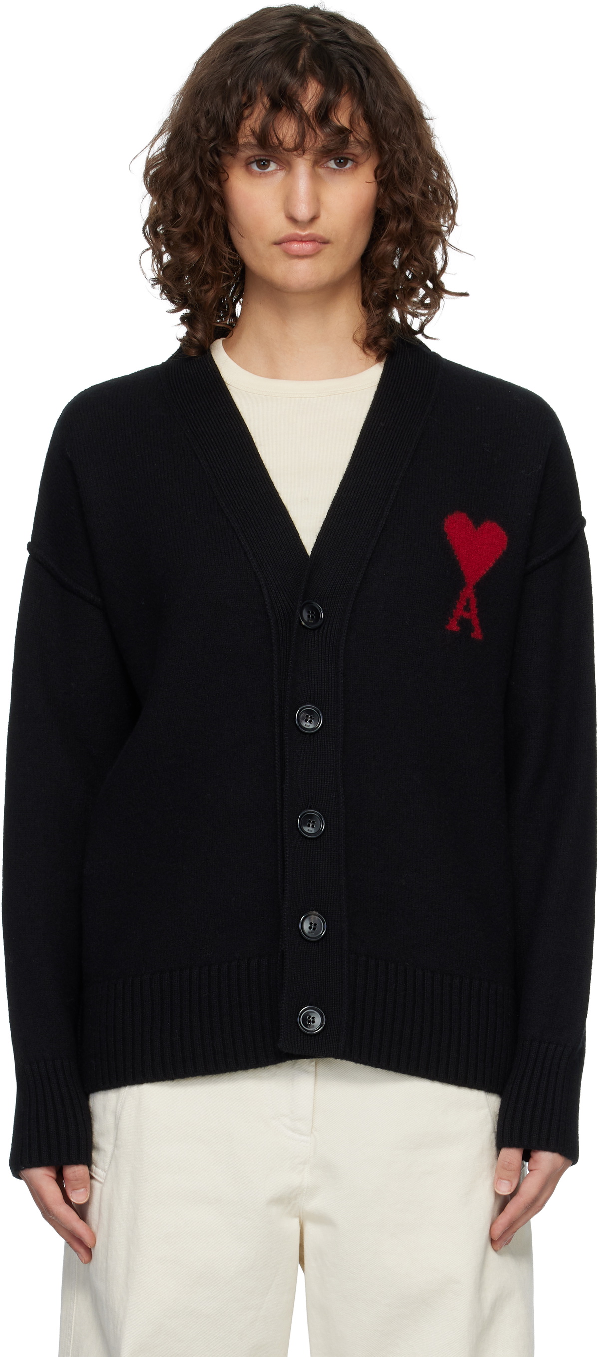AMI Paris Black Wool Ami de Coeur Cardigan