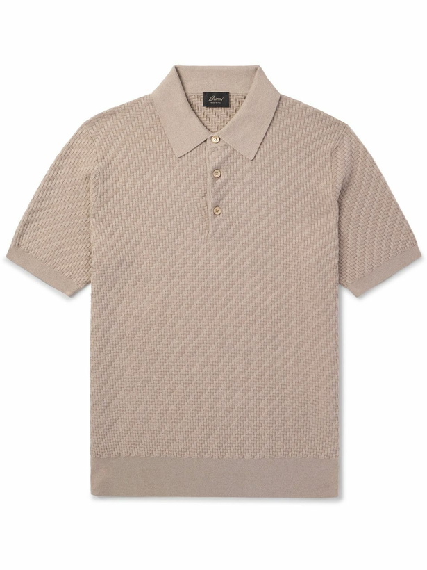 Photo: Brioni - Textured-Knit Cotton, Silk and Cashmere-Blend Polo Shirt - Neutrals