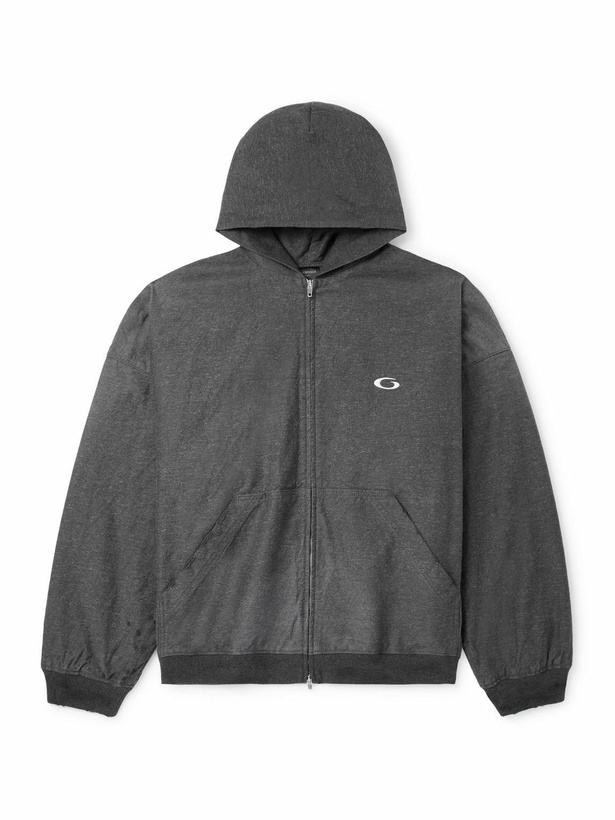 Photo: Balenciaga - Logo-Embroidered Printed Denim Zip-Up Hoodie - Gray