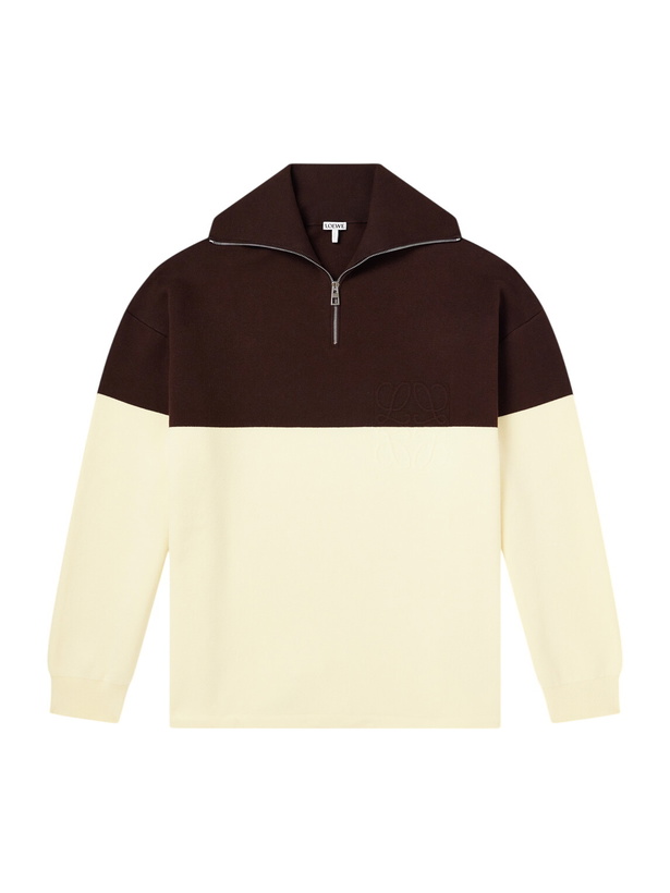 Photo: LOEWE - Anagram-Embossed Two-Tone Cotton-Blend Jersey Half-Zip Sweater - Brown
