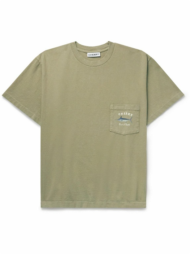 Photo: CHERRY LA - Baja Fish Stone-Washed Garment-Dyed Logo-Print Cotton-Jersey T-Shirt - Green
