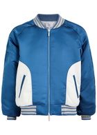 Rhude Chamonix Ski Souvenir Satin Bomber Jacket Blue And White